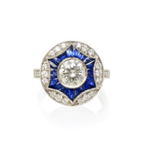 Diamond and blue sapphire ring, art deco style.  Ring consists of .21ct. of diamond and 1.26cttw of blue sapphire.  special cuts.  Color of diamonds is G-H/SI and all are set into a platinum mounting.  D 1.26ct G si2. GIA