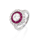 double halo of ruby and diamond, invisibly set. diamond bouquet center. princess cu .08ctwt, marquise.37ctw, Ruby pincess cut 1.76ctw, diamond rose cut .75ctw, diamond .15ctw, 18kt wg