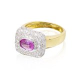 LADIES 18K GOLD PINK SAPPHIRE AND DIAMOND RING    PINK SAPP. 1.53CT bezel set with D0.95CTW diamonds surrounding.