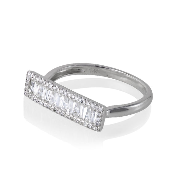 14kt white gold diamond bar ring with tapered baguettes surrounded by diamond halo. G-H Color, SI Clarity. 0.48ct baguettes and rounds 0.15cttw.