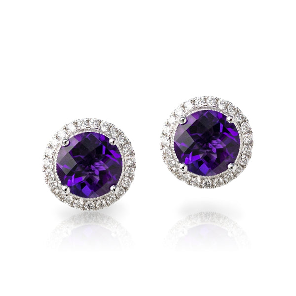 14KT White Gold Round Checkerboard Amethyst and Diamond Stud Earrings