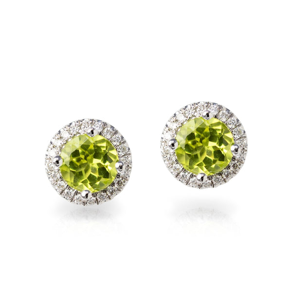 14KT White Gold Ladies Pair Of Round Peridot Stud Earrings Surrounded By A White Round Diamond Halo