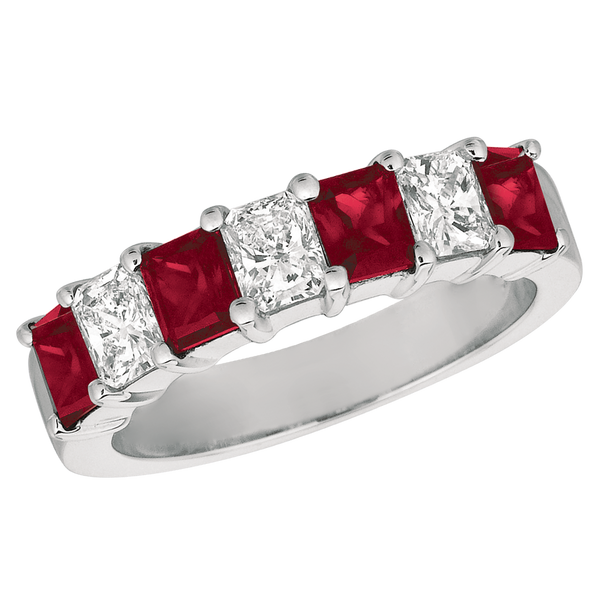 Seven Stone Radiant Diamond and Ruby Ring