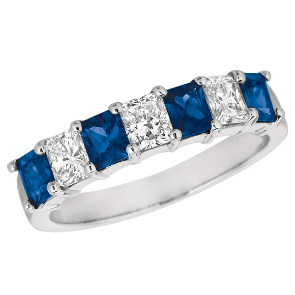 Seven Stone Platinum Radiant Diamond and Sapphire Ring