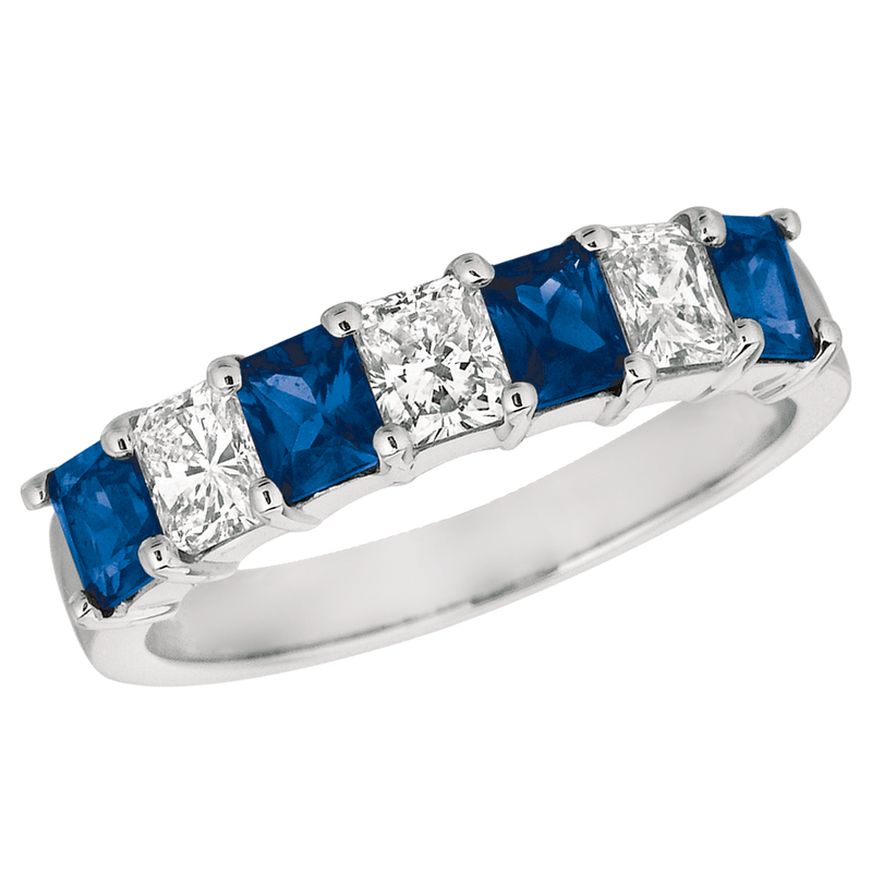 Seven Stone Platinum Radiant Diamond and Sapphire Ring