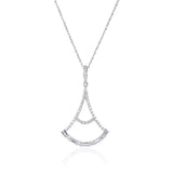 14kt white gold staggered baguette and round diamond drop pendant. Round diamonds weigh 0.22cttw and baguettes weigh 0.16cttw. Diamonds are G-H Color, SI Clarity.