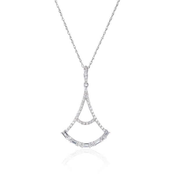 14kt white gold staggered baguette and round diamond drop pendant. Round diamonds weigh 0.22cttw and baguettes weigh 0.16cttw. Diamonds are G-H Color, SI Clarity.