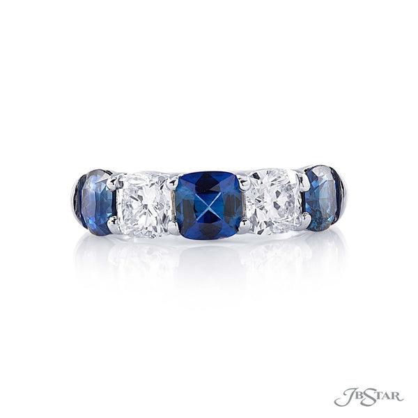 2208-024 Dazzling sapphire and diamond band featuring 3 cushion cut sapphires and 2 cushion cut diamonds in a shared prong setting.