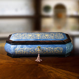 Sea Blue Jewelry Box, full arabesque decor, w/ trays 46x27x11cm, plays music when wound