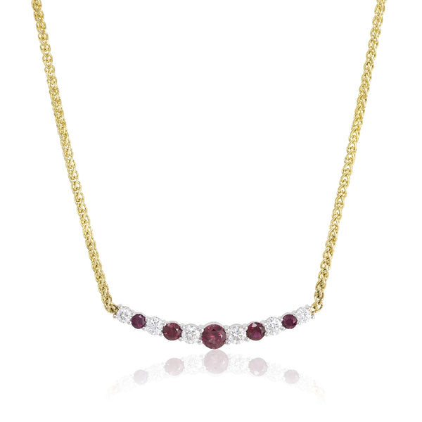 Addessi Smile necklace with Ruby and Diamonds, all round gems set in 18kt white gold with a wheat chain, 16' in length. The 6 diamonds measure 3.0,3.5 and 3.6mm =1.01cttw, the 5 ruby 3.0mm 3.9mm and 5mm =1.48ctw. Stamped Addessi ,Facets logo and 18kt
