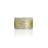 14Kt Green gold, diamond scattered 12.3MM wide flush ring. Satin finish. 1.54tw Diamonds. Holiday Lights Collection. 