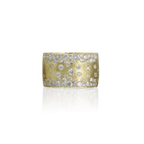 14Kt Green gold, diamond scattered 12.3MM wide flush ring. Satin finish. 1.54tw Diamonds. Holiday Lights Collection.