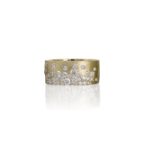 14kt yellow gold diamond flush set cigar band ring. 8.7MM wide, satin finish. 1.04tw di
