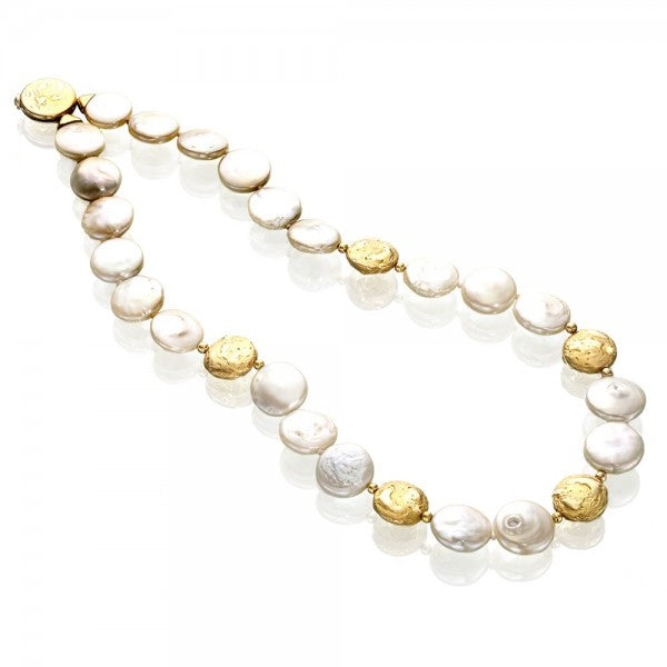 Romantic Culltured Freshwater Coin Pearl & Gold Nugget Necklace