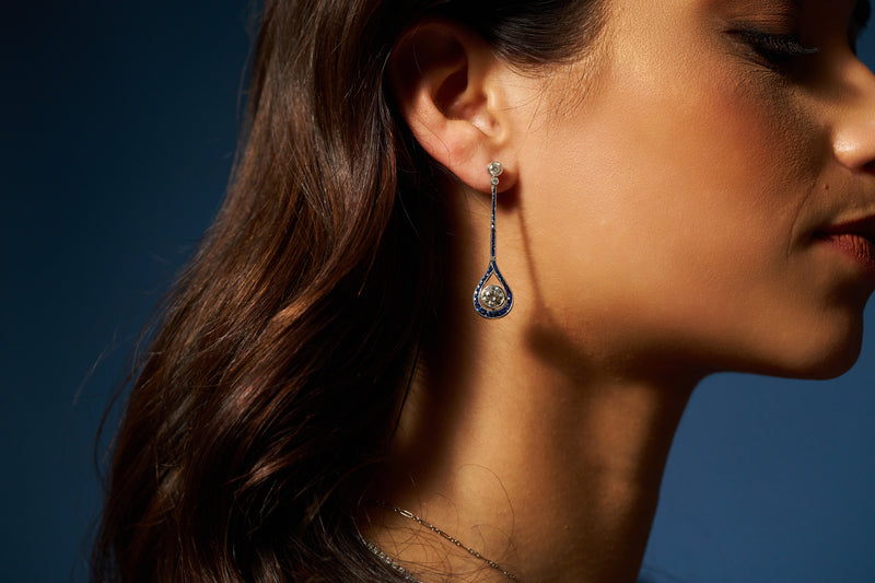 Art Deco Inspired Sapphire & Diamond Drop Earrings