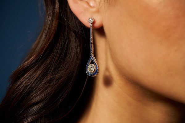 Art Deco Inspired Sapphire & Diamond Drop Earrings