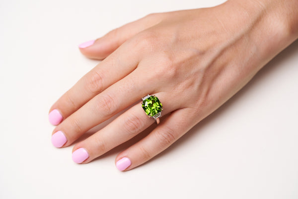 Peridot & Diamond Trapezoid Three-Stone Ring