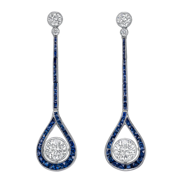 Art Deco Inspired Sapphire & Diamond Drop Earrings