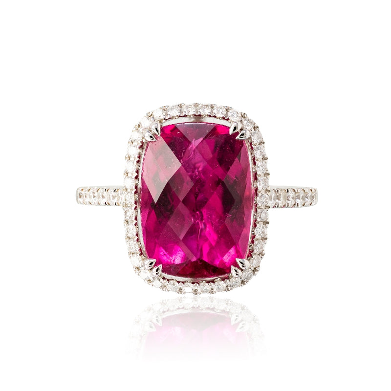 18kt wg Micro Pave set Diamonds .59cttw &  faceted rectangular Rubelite Tourmaline 5.38ct Ring