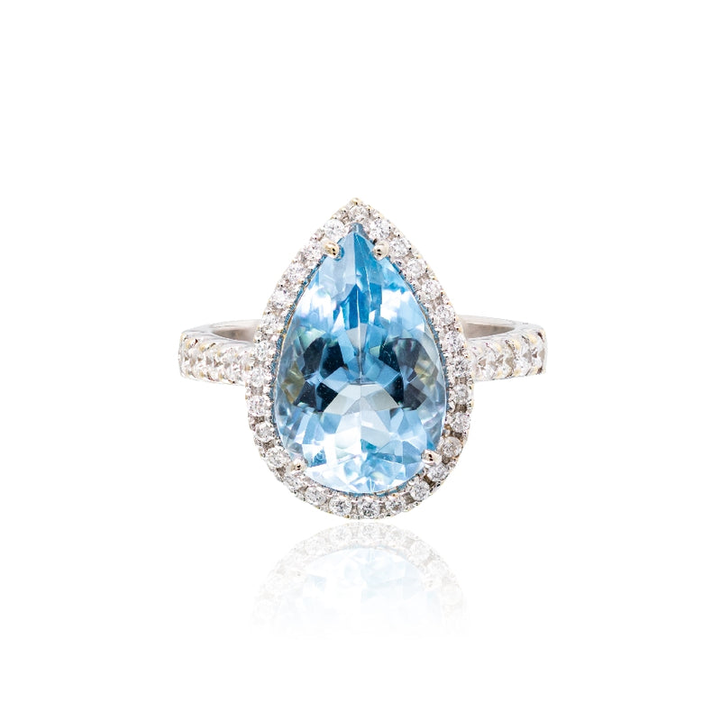 Pear Shape Aquamarine Ring with Diamond Halo