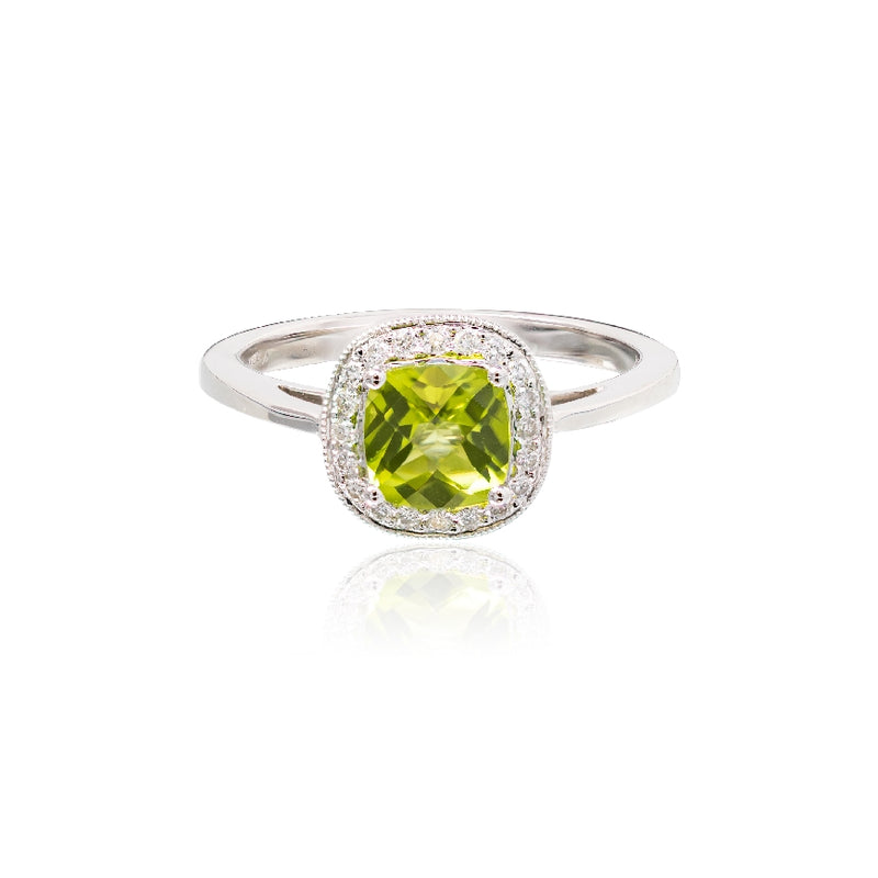 14kt wg 4 prong set cushion shape peridot ring 1.06ct with round Diamonds surrounding center D 0.14cttw