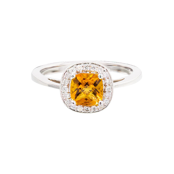 14kt wg milgrain 4 prong set cushion shape citrine ring 0.71ct with round Diamonds surrounding center D 0.14cttw