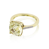 14kt yg faceted Lemon Citrine cushion 3.70ct ring with pave diamonds D 0.07cttw