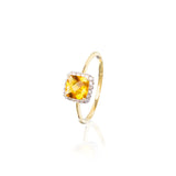 14kt yellow gold cushion shaped checkerboard citrine ring with round diamond halo. Citrine weighs 0.90cttw, diamonds weigh 0.10cttw. G-H Color,  SI Clarity