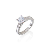 Platinum 4 prong solitaire semi mount for 1carat round center (CZ) and  0.38cttw princess and 0.12cttw baguette diamonds on the shank  Size 6