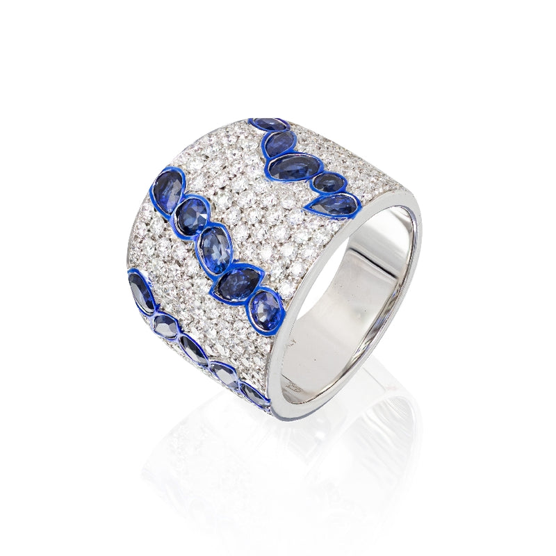 Tapered Diamond and Blue Sapphire Band With Enamel