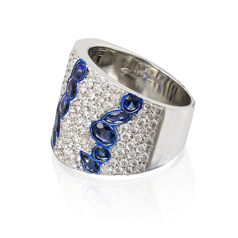 Tapered Diamond and Blue Sapphire Band With Enamel