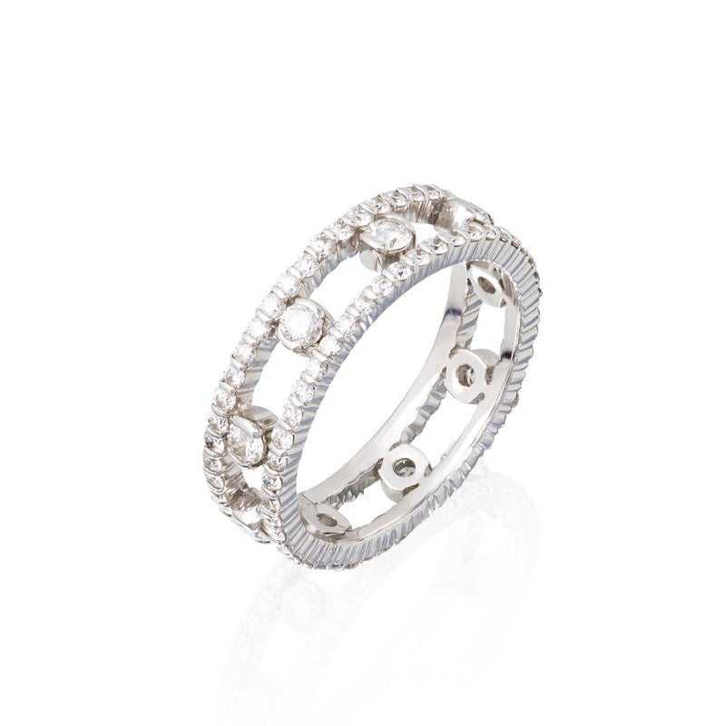 18kt white gold and diamond duette ring with two rows of micro pave diamonds and nine diamonds bezel set in center of ring. diamonds weigh 1.50cttw and are G,VVS1
