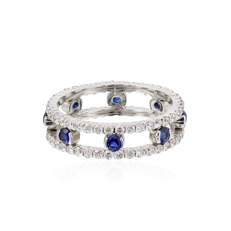18kt wg Duette ring 80 diamonds .96cttw., 8 round blue sapphires .60cttw 