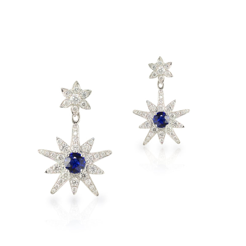 Convertible star earrings/pendant; 1.17ct sapphire; 1.42ct diamond; 18kt white gold