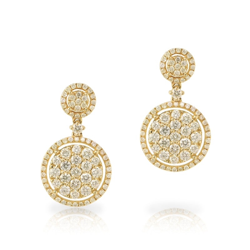 14KT Yellow Gold Round Diamond Double Drop Disk Earrings