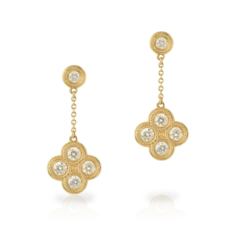 14kt yellow gold clover diamond earrings set in a milgrain bezel setting. Diamonds weigh 0.85cttw