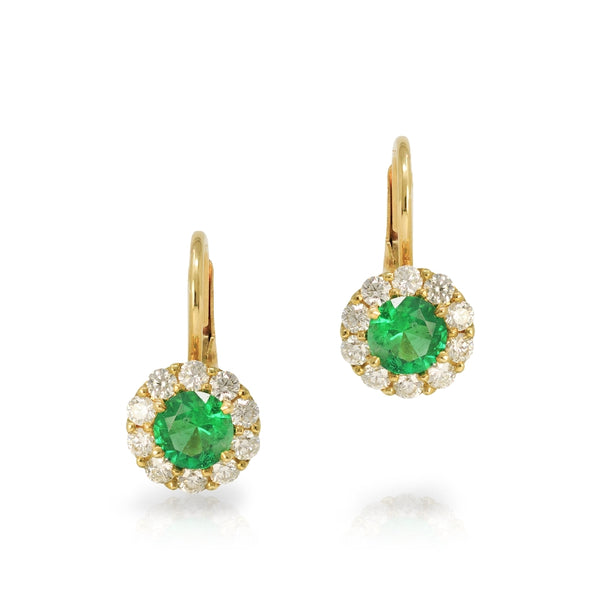 18KT Yellow Gold Emerald and Diamond Leverback Earrings