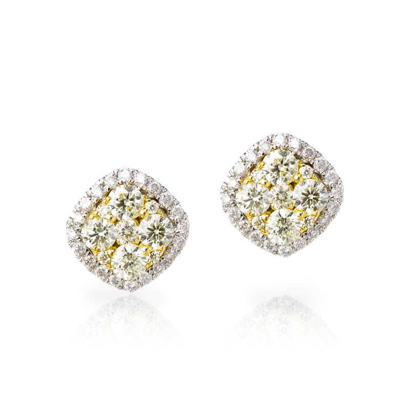 14kt yellow and white gold square shaped round diamond earrings/ with yellow and white diamonds. Yellow diamonds have a combined total weight of 0.86ctw and white diamonds weigh 0.24cttw G-H Color, SI Clarity