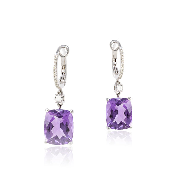 14kt white gold rectangular checkerboard cut amethyst drop earrings with diamonds on hoop and directly above amethyst. Amethyst weighs 7.25cttw and diamonds weigh 0.25cttw. Diamonds are G-H,SI.