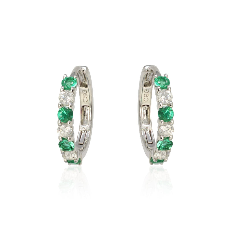 Ladies Pair Of 15MM Round Emerald and Diamond Hoop Earrings