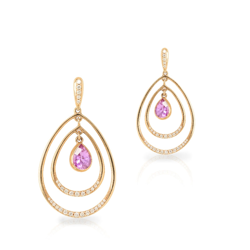 14kt rose gold pink sapphire and diamond tear drop dangle earrings. Pink sapphires are bezel set and weigh approx 2.51cttw. Both pink sapphires measure 7.98 x 5.84 x 3.74mm and the other measures 8.00 x 6.00 x 3.97mm. Diamonds weigh approx 0.46cttw. 