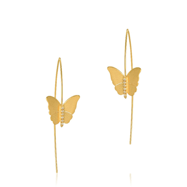 14kt yellow gold butterfly earrings on long ear wire with diamonds down the middle 0.12cttw. G-H Color, SI Clarity.