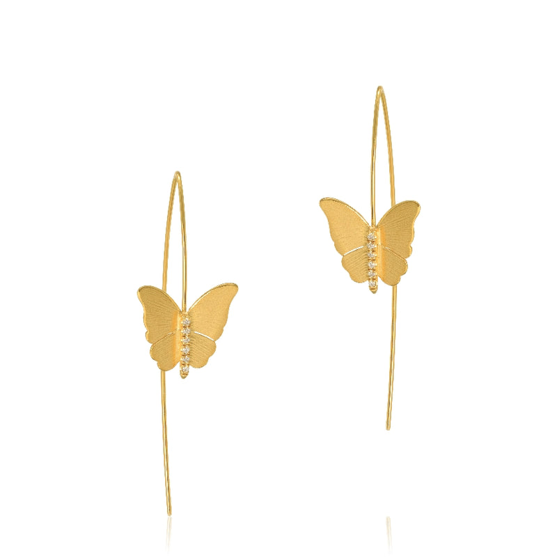 14kt yellow gold butterfly earrings on long ear wire with diamonds down the middle 0.12cttw. G-H Color, SI Clarity.
