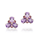 18kt rose gold flower petal earrings consisting of six pear shaped amethyst at 7.50cttw, six pink amethyst at 1.20cttw and two diamonds at 0.03cttw. G-H Color, SI Clarity.