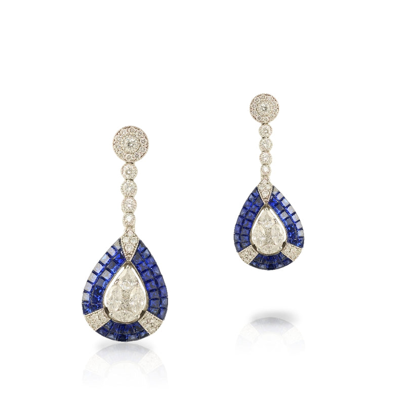 Drop earrings with invisibly set sapphires & diamonds. Diamonds, 1.53ctw tw., pear, marquise, princess cut and rounds. Blue sapphires-5.40ctw