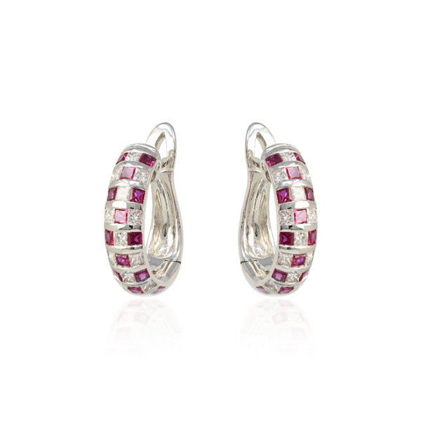 RUBY & DIAMOND INVISIBLY SET, 18kt white gold, clip & post earrings. Diamonds 1.00ctw, rubies 1.65ctw