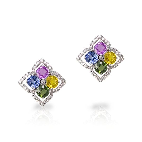 18kt White gold stud earring set in a clover shape.  Each earring consists of 4 round multicolored sapphires surronded by pave set diamonds.  sapphires 4.63 cttw, diamonds .50 cttw.  