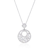 14kt white gold scattered baguette circle shaped diamond pendant. disk shaped. 0.50cttw of round diamonds and 0.16cttw of baguettes. G-H Color Grade, SI Clarity Grade.