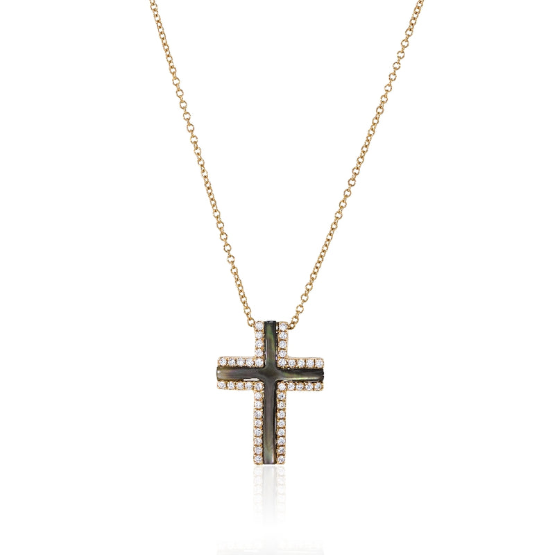 18kt rose gold small black mother of pearl cross with diamonds and 18' chain. Black mother of pearl weighs 0.69cttw and there are 44 diamonds weighing 0.18cttw.