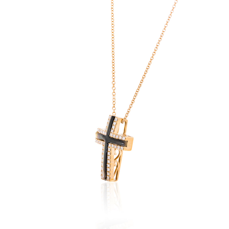 Rose gold, diamonds and mother of pearl Cross and chain.